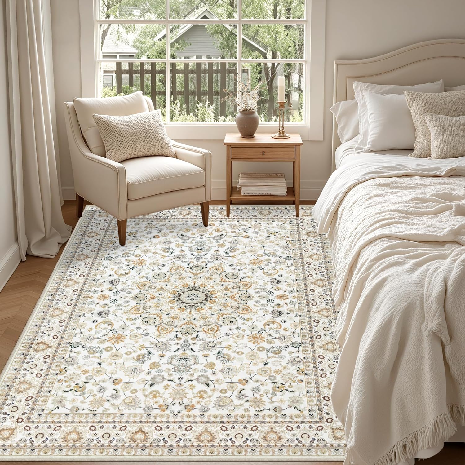 5x7 Area Rugs Living Room Rug: Washable Vintage Boho Rug No Slip Stain Resistant Soft Carpet Indoor Floor Floral Large Carpets for Bedroom Dining Room Farmhouse Nursery Hallway Home Office Beige