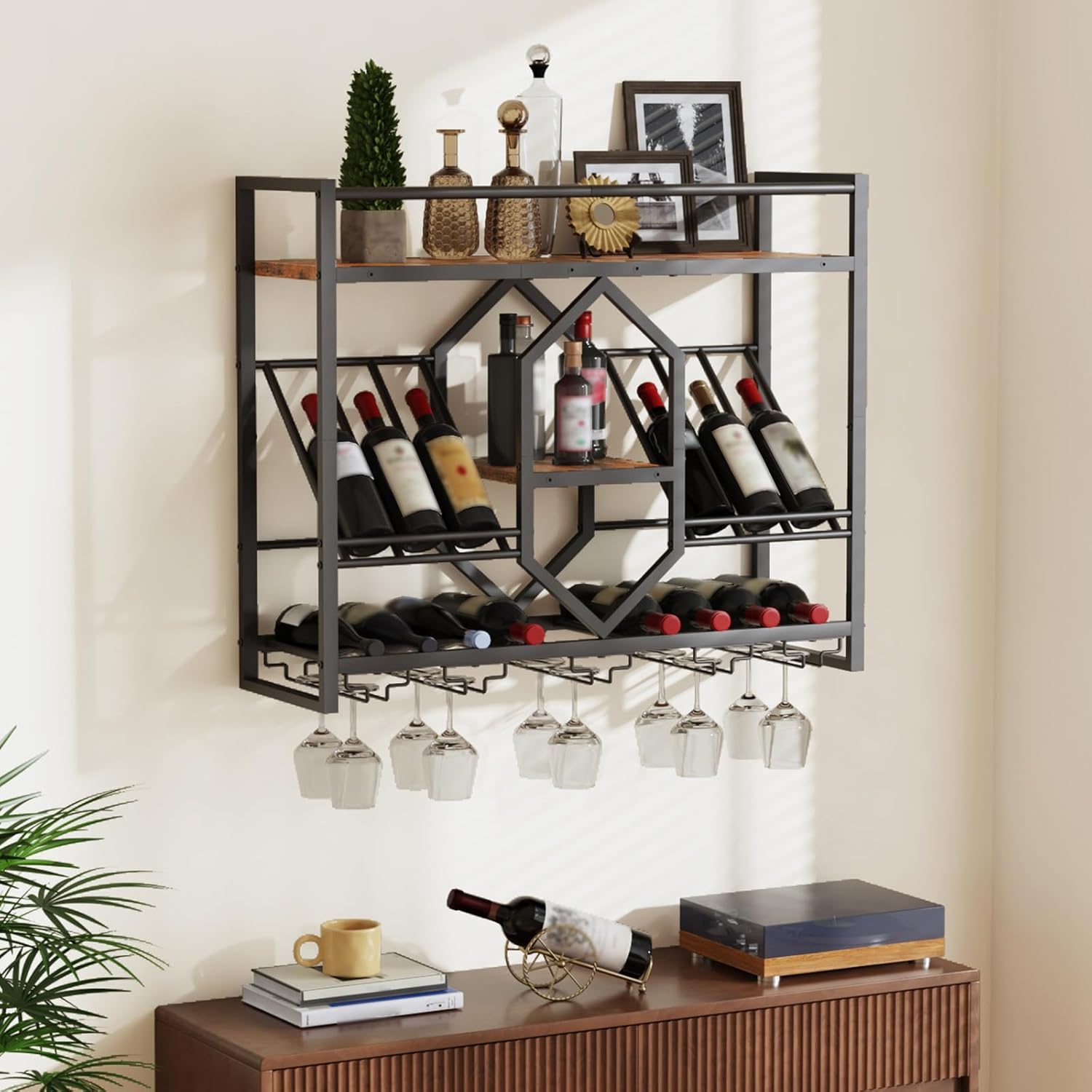 HOOBRO Wall Mounted Wine Rack with LED Light, 31.5" Wine Shelf, 3 Tier Wine Bottle Display Shelf with Glass Holder, Hanging Bar Liquor Storage Rack, for Kitchen, Bar, Rustic Brown and Black BF73DBJ01