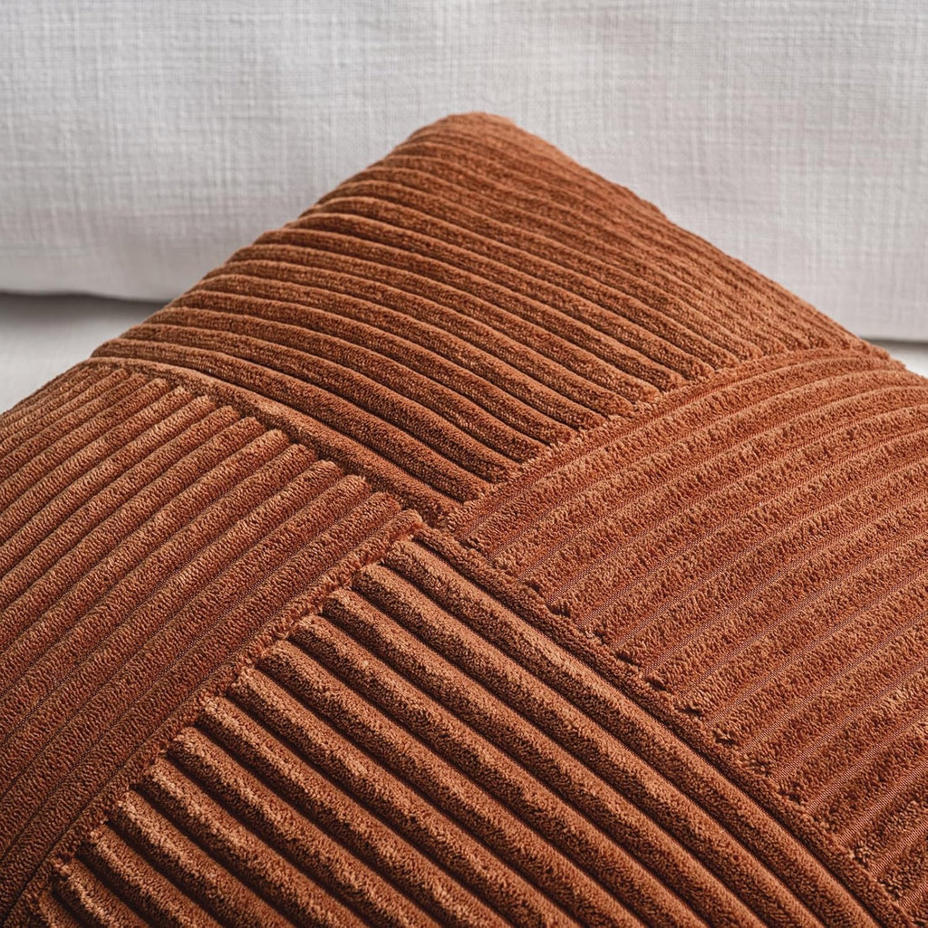 Fancy Homi 2 Packs Rust Boho Decorative Throw Pillow Covers 18x18 Inch for Couch Bed Sofa, Farmhouse Fall Home Decor, Soft Corss Corduroy Patchwork Textured Terracotta Accent Cushion Case 45x45 cm